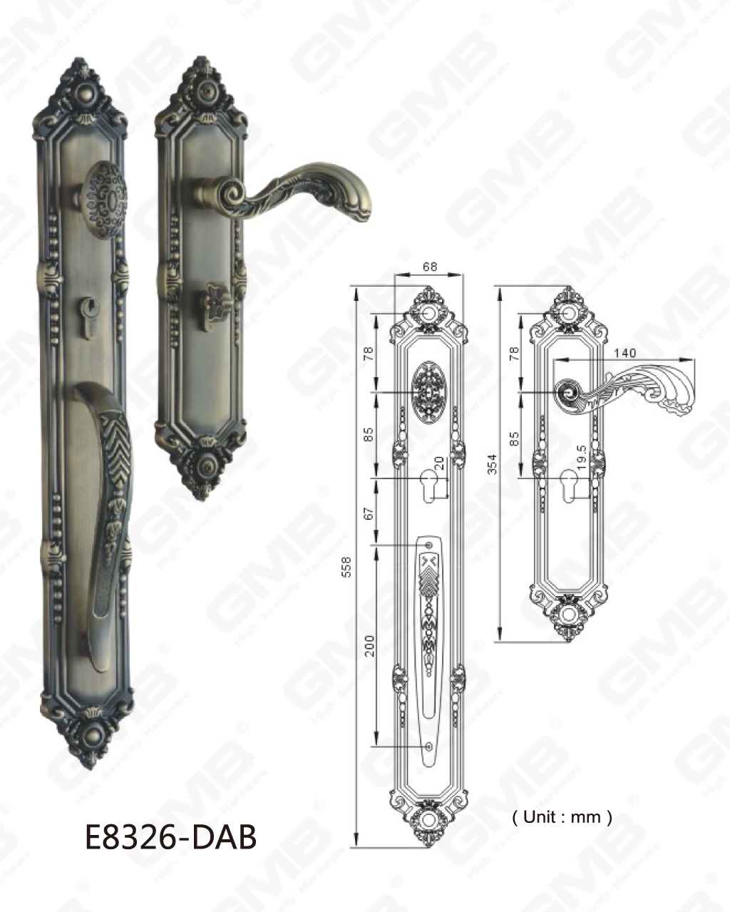 Princeps Securitatis Zinc Alloy Extra Villam Door manubrium factum a solido cadmiae mixturae mori-mittentes (E8326-DAB)