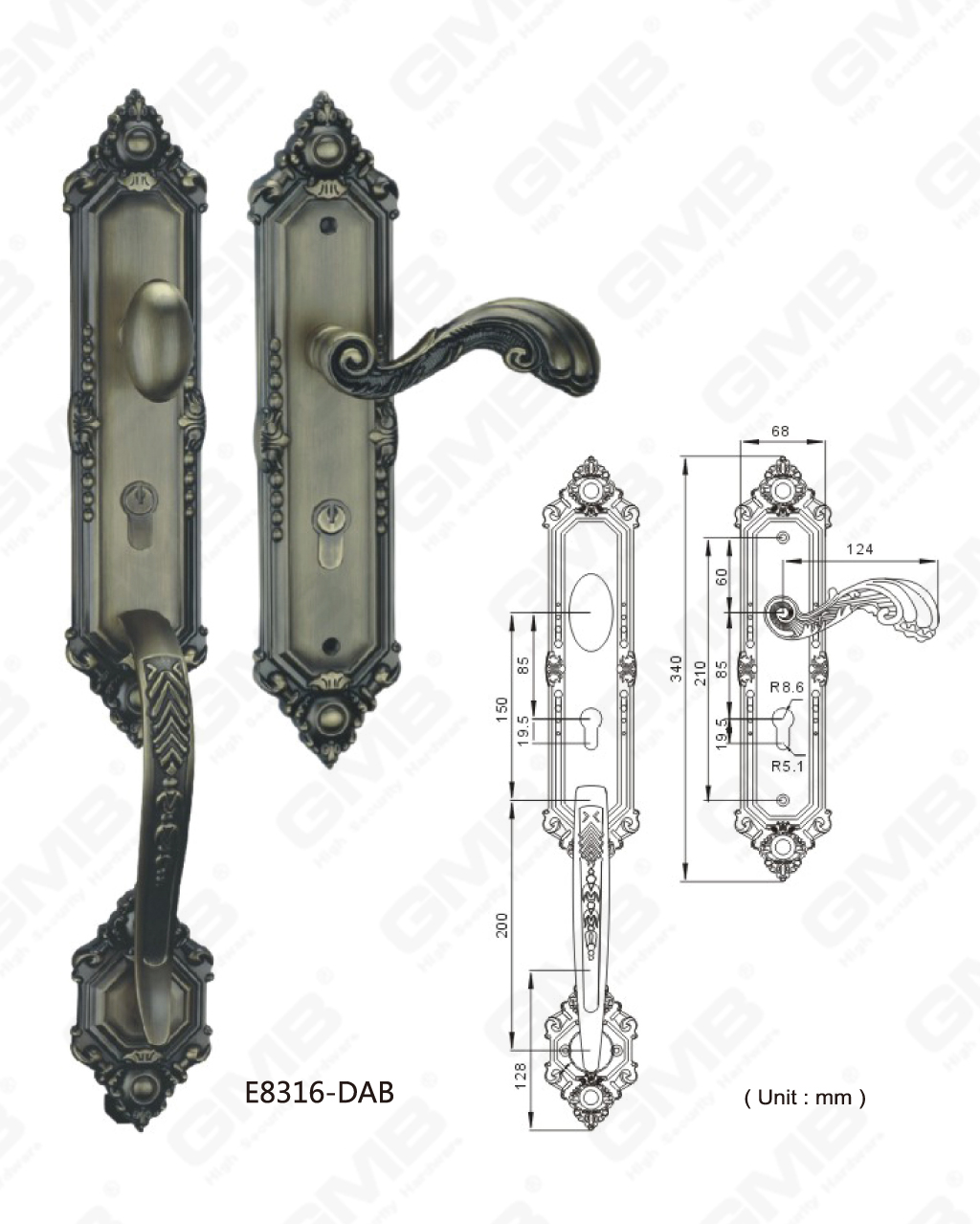 Princeps Securitatis Zinc Alloy Extra Villam Door Palpate Dim Antique Brass customized keyway (E8316-DAB)