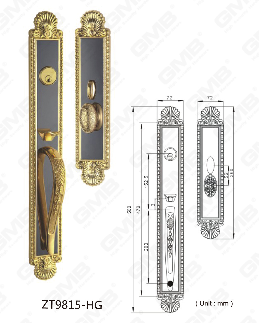 Princeps Securitatis Zinc Alloy Extra Villam Door Handle Door crassitudo Standard 38-55mm (ZT9815-HG)